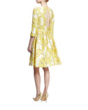 Floral 3/4-Sleeve Fit-&-Flare Dress, Lemon Daisy