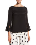 Lace-Trim Bateau-Neck Blouse, Black