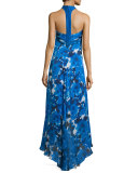 Sleeveless Floral-Print High-Low Gown 