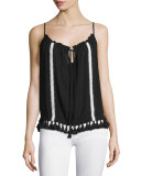 Tamani Sleeveless Tassel-Hem Top, Black/White Trim