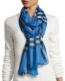 Gauze Giant Check Scarf, Blue