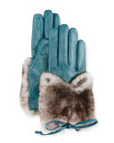 Leather & Rabbit Fur Gloves, Blue/Gray