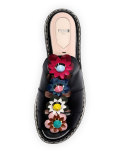 Floral-Appliqué Leather Mule Sandal, Nero/Multi