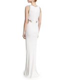 Embellished-Trim Deep-V Gown, White