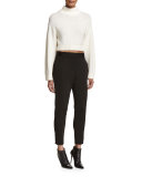 Long-Sleeve Cropped Wool-Blend Sweater, White