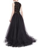 Beaded Contrast Tulle Gown, Black