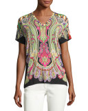 Ikat-Trim Paisley V-Neck Tee, Black/Multi