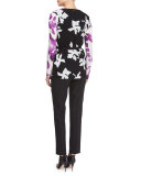Long-Sleeve Orchid-Print Belted Cardigan, Multi Colors