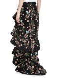 Justina Floral Ruffled Maxi Skirt, Black/Pink/Green