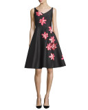floral-appliqué fit-&-flare dress, black