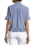 Barnsley Ruffle-Trim Half-Placket Shirt, Light Blue