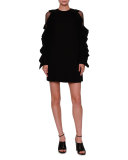 Lace-Inset Ruffled Long-Sleeve Dress, Black