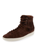 Fringe-Detail Suede High-Top Sneaker, Brown