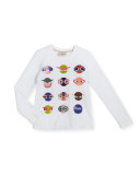 Long-Sleeve Monster Face Jersey Tee, White, Size 10-12+