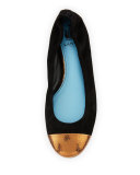 Suede Cap-Toe Ballerina Flat, Black/Gold