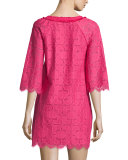 3/4-Sleeve Lace Tunic Dress, Cerise