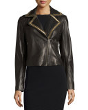Beaded-Lapel Cropped Leather Moto Jacket, Black