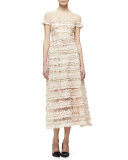 Short-Sleeve Tulle-Embroidered Midi Dress, Nude