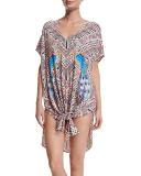 Peacock-Print Short Caftan Coverup