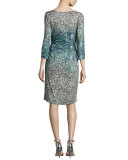 3/4-Sleeve Printed Sheath Dress, Gray Multi
