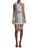 Mixed-Print Sleeveless Asymmetric-Hem Dress, Black/White