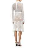 Long-Sleeve Button-Front Crochet Dress, White