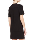 Short-Sleeve Seamed Tunic Dress, Black