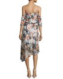 Hermione Floral-Print Cold-Shoulder Midi Dress, Wisteria