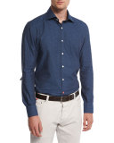 Printed Denim-Effect Herringbone Sport Shirt, Blue