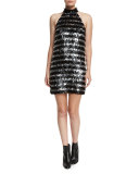 Fringe Striped Halter Mini Dress, Black
