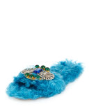 Crystal Faux-Shearling Slide Sandal, Turchese