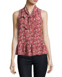 Estero Floral Silk Sleeveless Tie-Neck Blouse, Coral