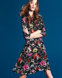 3/4-Sleeve Poppy-Print Dress, Black/Multi