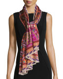 Paisley Wool-Blend Scarf, Coral/Plum