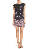Cap-Sleeve Floral-Print Mini Dress, Rich Black