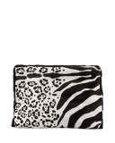 Calf-Hair Medium Fold-Over Clutch Bag, Black/White