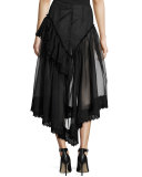 Silk Tulle Fishtail Skirt w/Eyelet Hem, Black