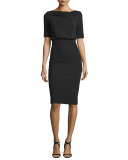 Short-Sleeve Blouson Cocktail Dress, Black