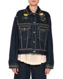 Floral-Embroidered Studded Denim Jacket, Blue Notte