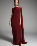 Beaded-Yoke Georgette Caftan Gown, Ruby