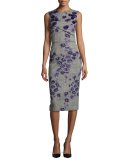 Sleeveless Floral-Embroidered Tweed Sheath Dress, Black/Iris