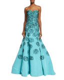 Strapless Sequin-Embroidered Faille Gown, Bright Blue