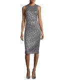 Shimmery Sleeveless Sheath Dress, Slate/Silver