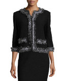 Fringe-Trim Boucle Knit Jacket, Caviar/Frost