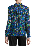 Long-Sleeve Jewel-Print Satin Chiffon Tie-Neck Blouse, Multi