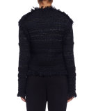 Long-Sleeve Fringe-Trim Tweed Jacket, Black