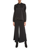 Shirred-Sleeve Stand-Collar Blouse, Black