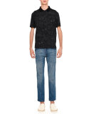 Tonal Butterfly-Print Short-Sleeve Polo, Black