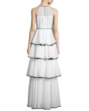 Alexandria Sleeveless Tiered Chevron Gown, White