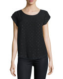Rancher N Metallic-Trimmed Silk Blouse, Caviar/Gold